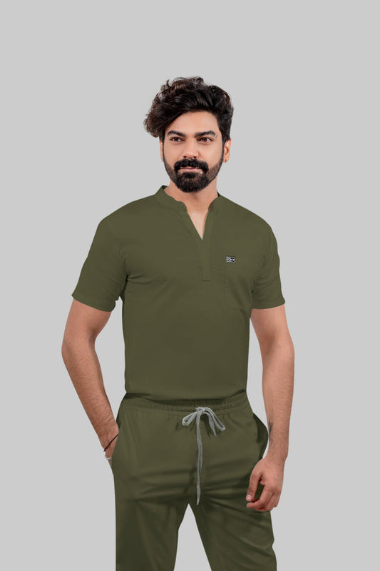 Stretchable (4Way) Men Olive Green Mandarin Neck with Jogger Scrub Set