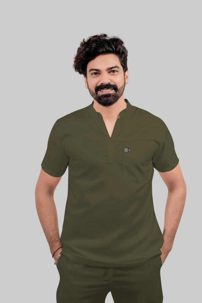 Stretchable (4Way) Men Olive Green Mandarin Neck with Jogger Scrub Set