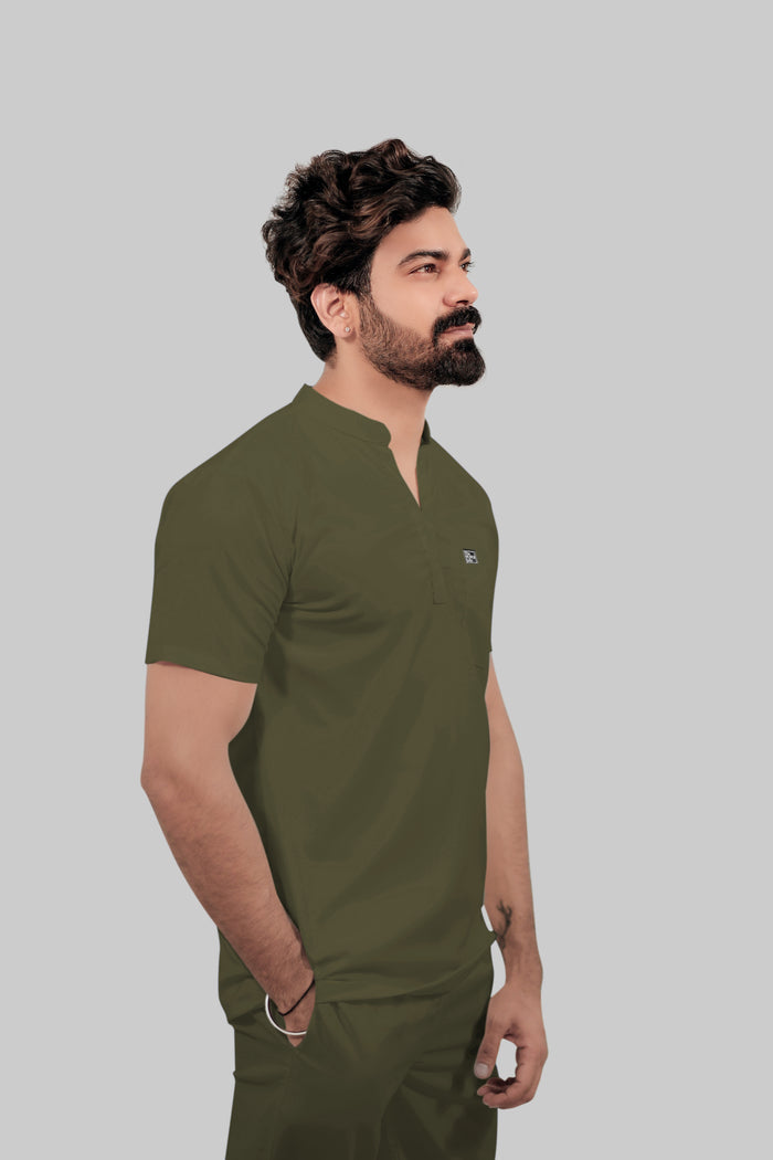 Stretchable (4Way) Men Olive Green Mandarin Neck with Jogger Scrub Set