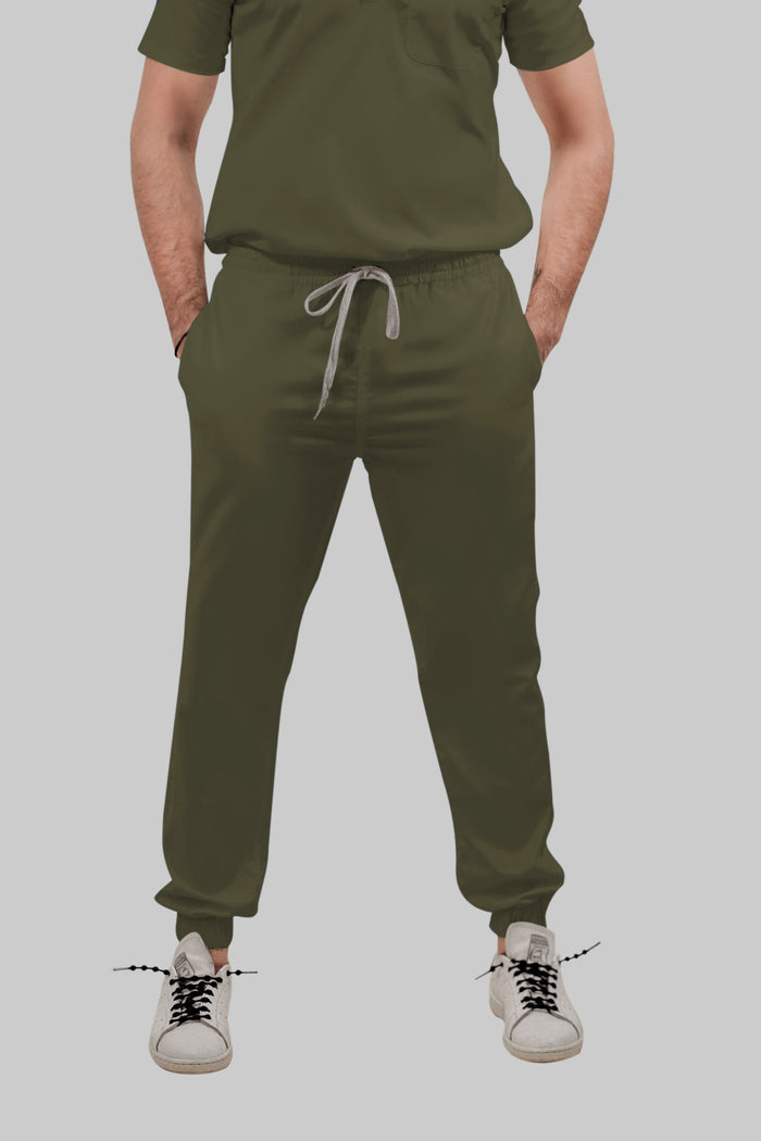 Stretchable (4Way) Men Olive Green Mandarin Neck with Jogger Scrub Set