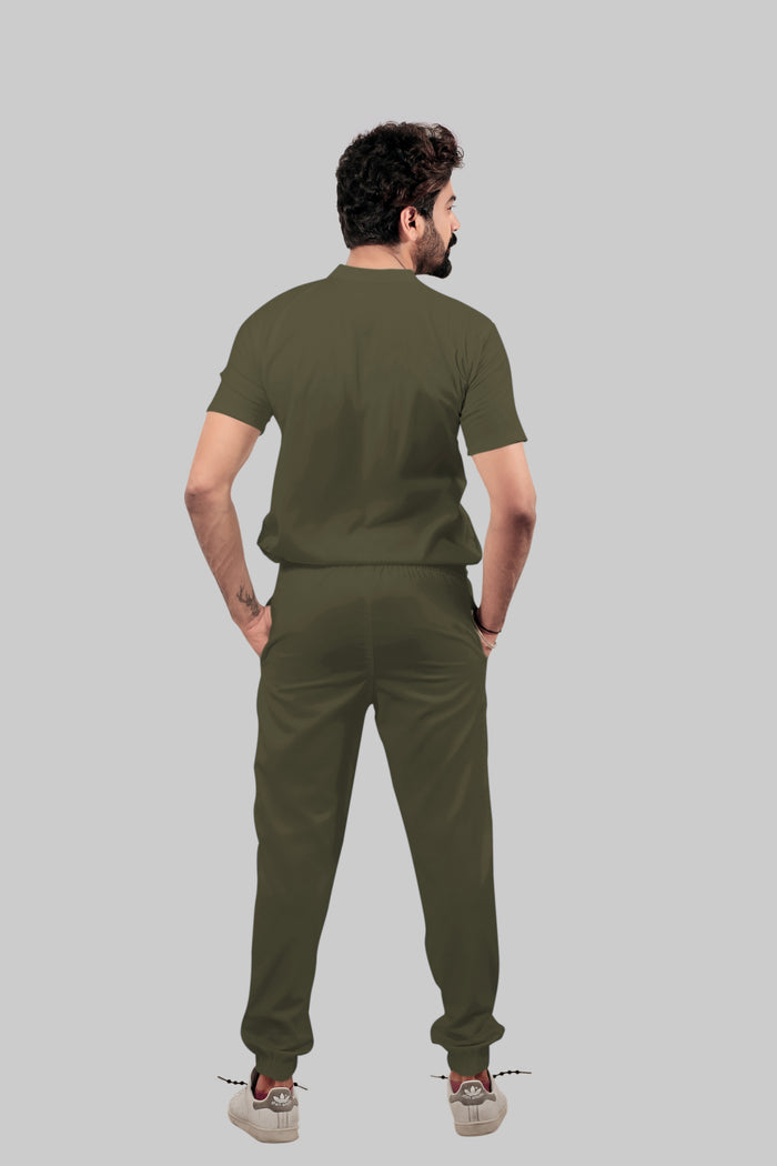 Stretchable (4Way) Men Olive Green Mandarin Neck with Jogger Scrub Set