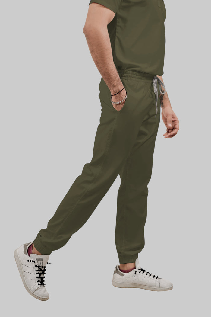 Stretchable (4Way) Men Olive Green Mandarin Neck with Jogger Scrub Set