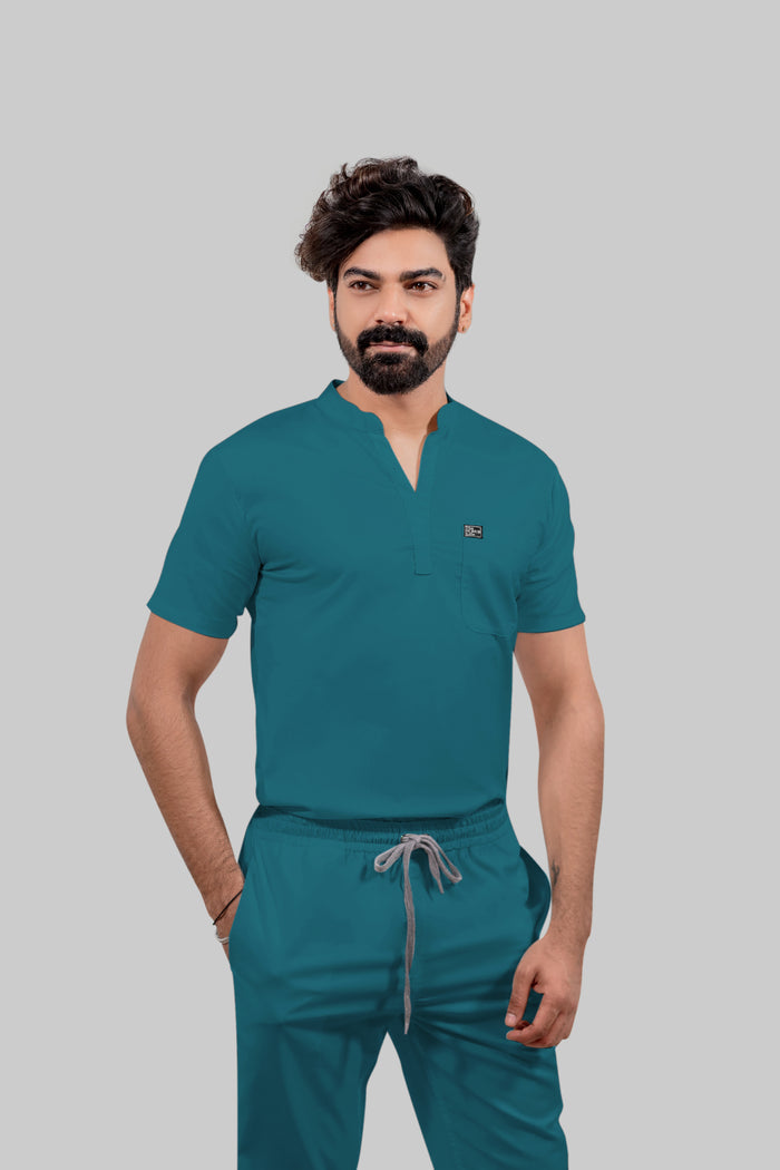 Stretchable (4Way) Men Peacock Blue Mandarin Neck with Jogger Scrub Set