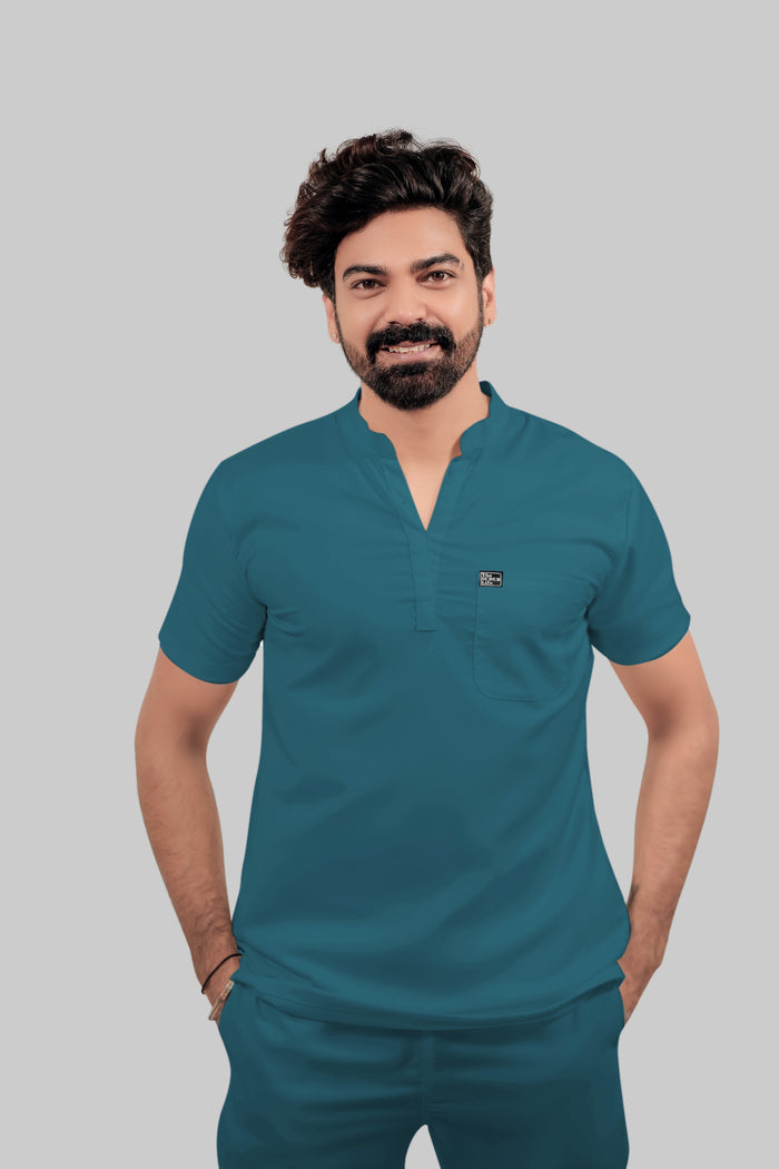 Stretchable (4Way) Men Peacock Blue Mandarin Neck with Jogger Scrub Set