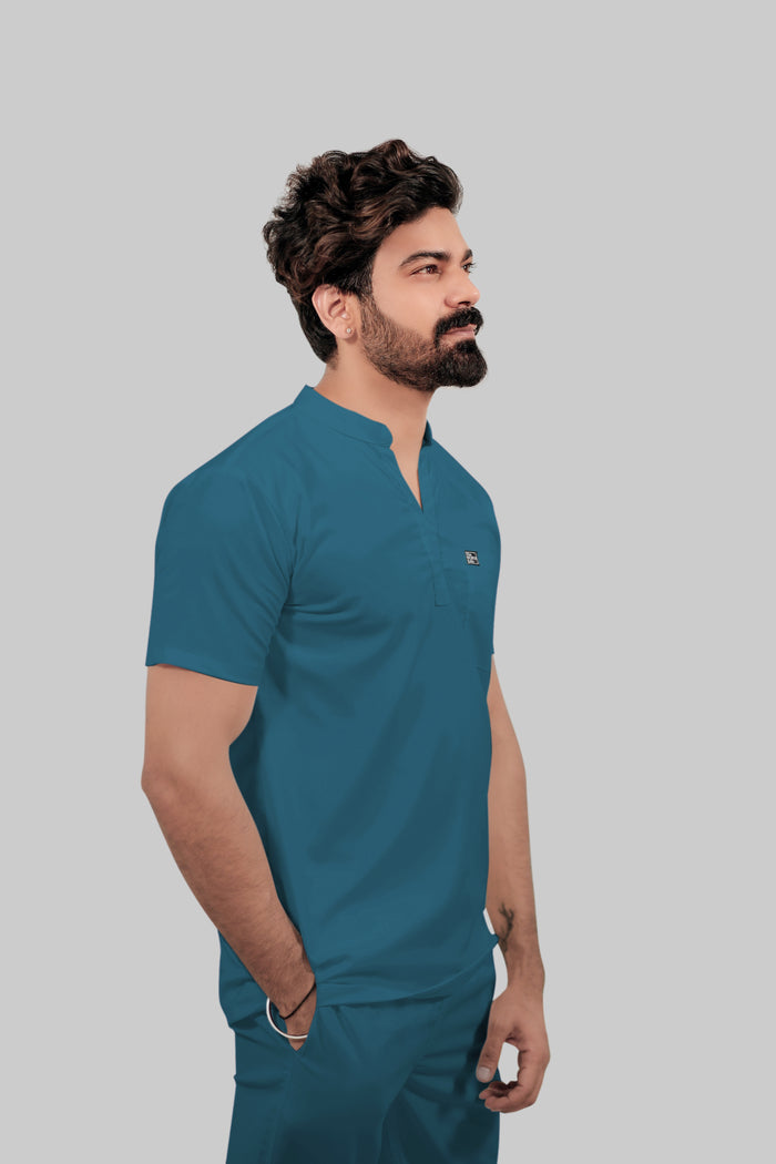 Stretchable (4Way) Men Peacock Blue Mandarin Neck with Jogger Scrub Set