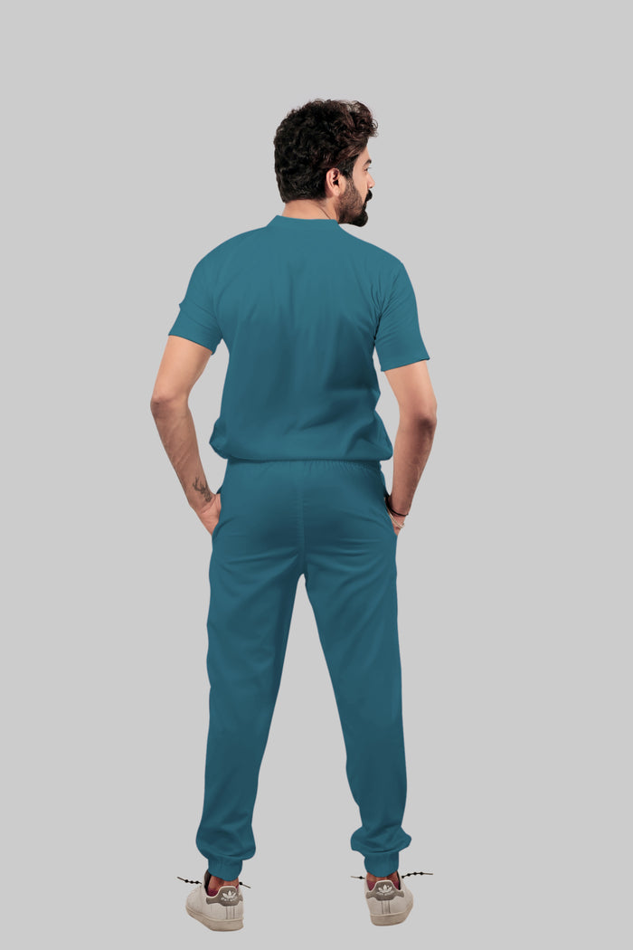 Stretchable (4Way) Men Peacock Blue Mandarin Neck with Jogger Scrub Set