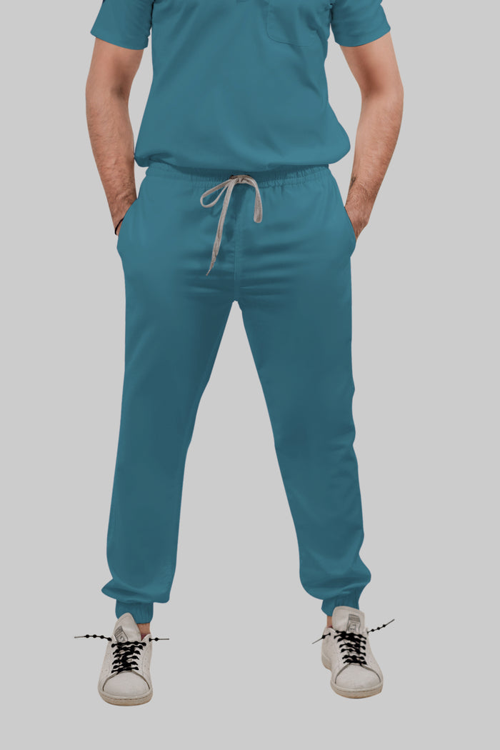 Stretchable (4Way) Men Peacock Blue Mandarin Neck with Jogger Scrub Set