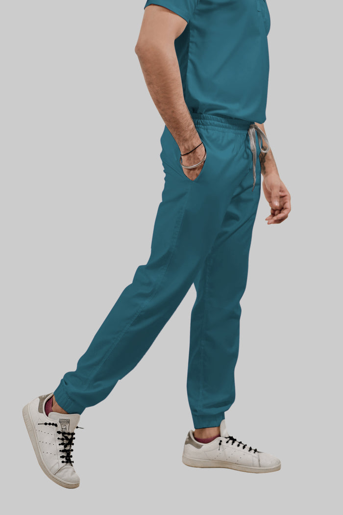 Stretchable (4Way) Men Peacock Blue Mandarin Neck with Jogger Scrub Set