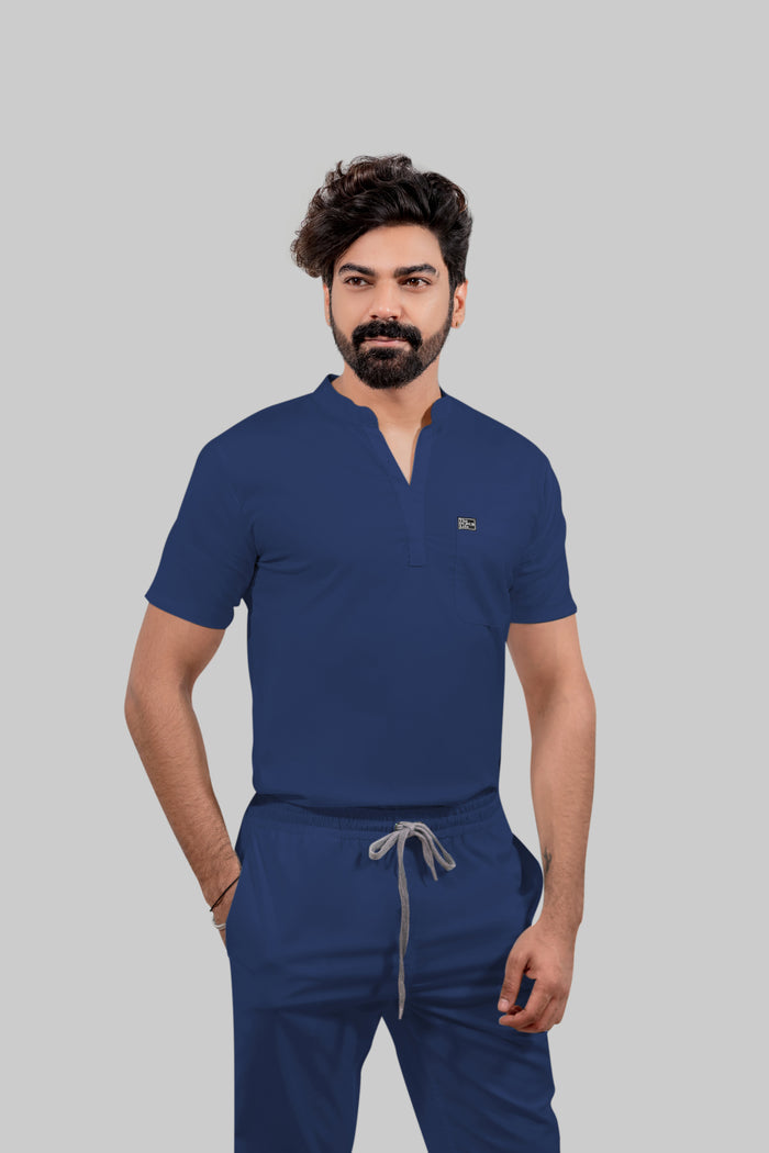 Stretchable (4Way) Men Royal Blue Mandarin Neck with Jogger Scrub Set