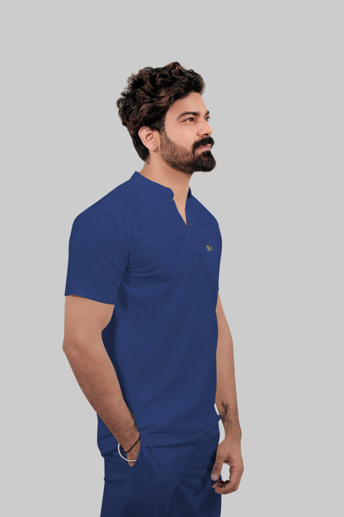 Stretchable (4Way) Men Royal Blue Mandarin Neck with Jogger Scrub Set
