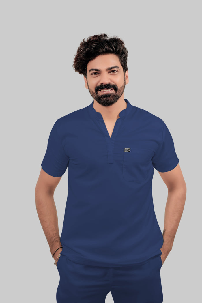 Stretchable (4Way) Men Royal Blue Mandarin Neck with Jogger Scrub Set