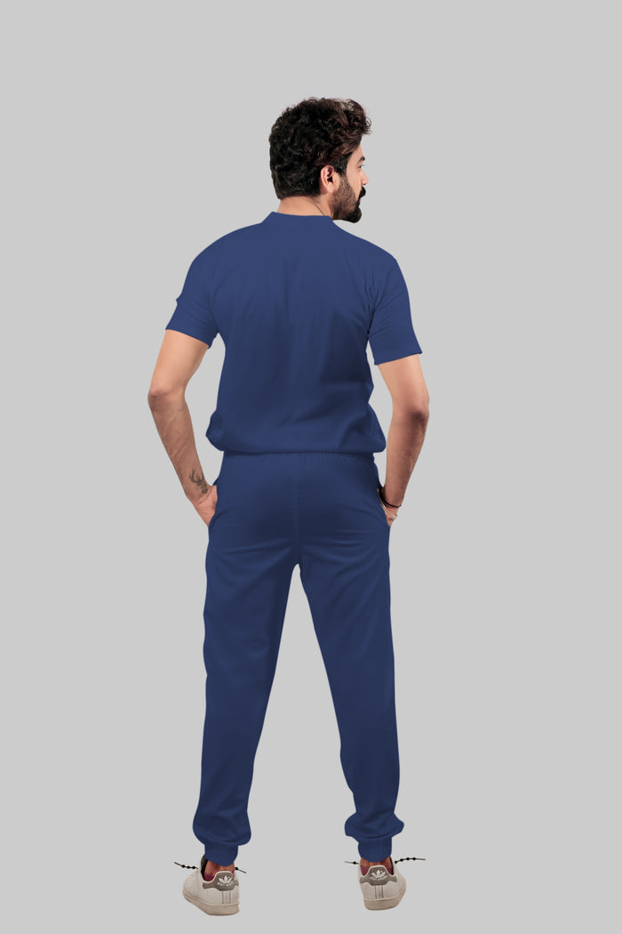 Stretchable (4Way) Men Royal Blue Mandarin Neck with Jogger Scrub Set