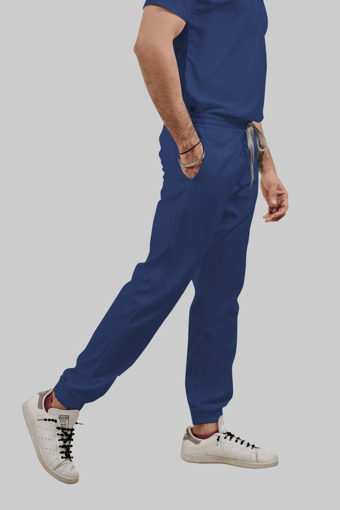 Stretchable (4Way) Men Royal Blue Mandarin Neck with Jogger Scrub Set