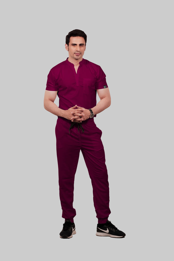 Stretchable (4Way) Men Wine Mandarin Neck With Jogger Scrub Set