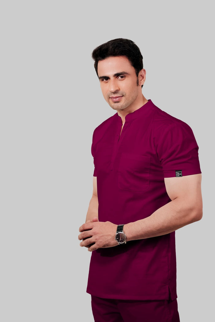 Stretchable (4Way) Men Wine Mandarin Neck With Jogger Scrub Set
