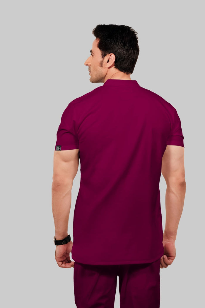 Stretchable (4Way) Men Wine Mandarin Neck With Jogger Scrub Set