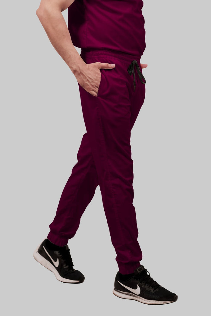 Stretchable (4Way) Men Wine Mandarin Neck With Jogger Scrub Set