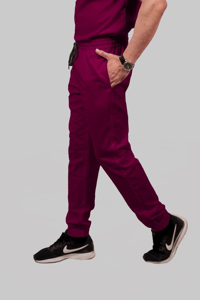 Stretchable (4Way) Men Wine Mandarin Neck With Jogger Scrub Set
