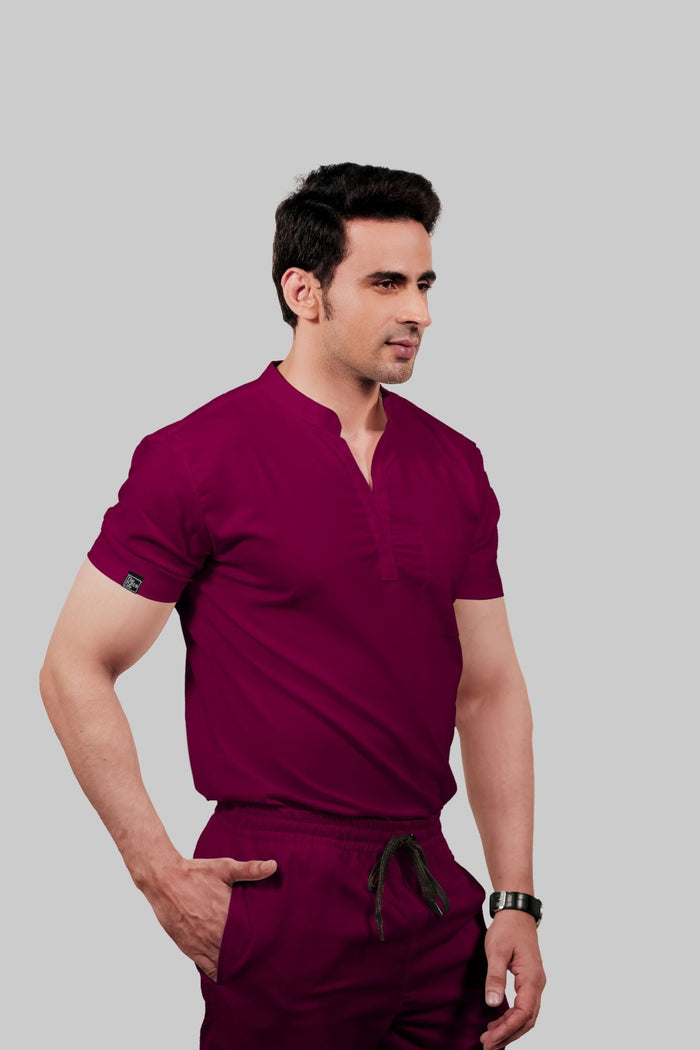 Stretchable (4Way) Men Wine Mandarin Neck With Jogger Scrub Set