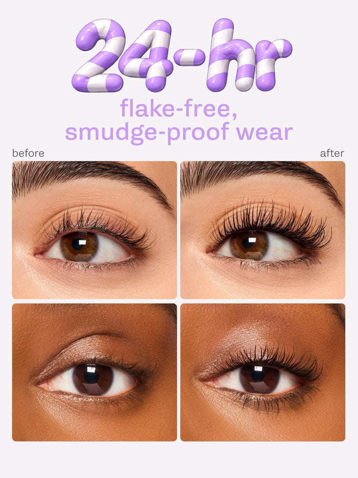 Before and after comparison of eyelashes with text indicating product effects.