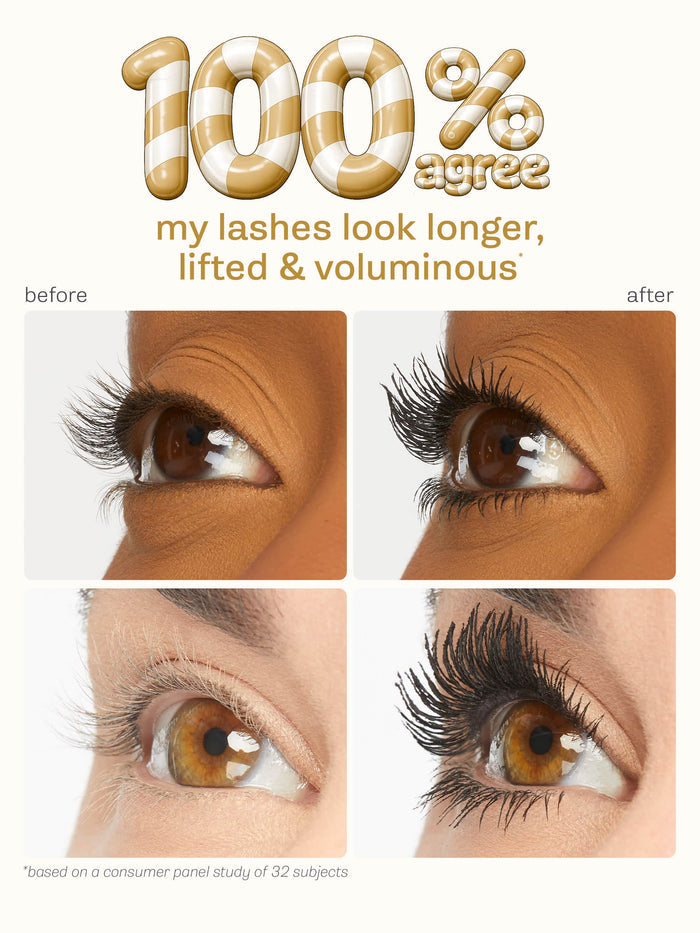Before and after comparison of eyelashes with text indicating nourishment.