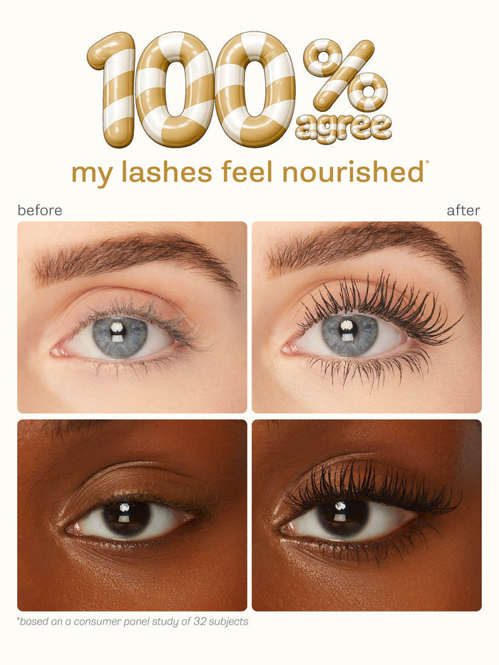Before and after comparison of eyelashes with text indicating results.