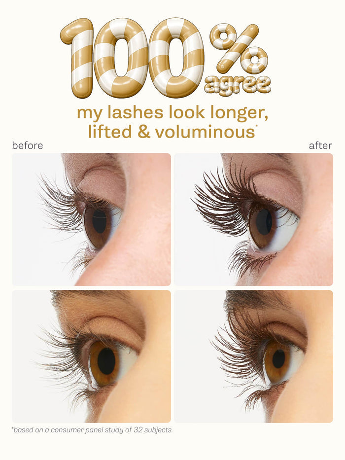 Before and after comparison of eyelashes with text indicating satisfaction.