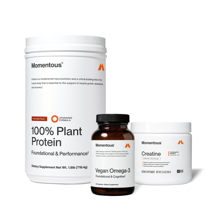 Three Momentous supplement containers: white tub of 100% Plant Protein powder, dark amber bottle of vegan Omega-3, and white Creatine jar.