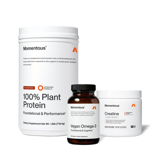 Three Momentous supplement containers: white tub of 100% Plant Protein powder, dark amber bottle of vegan Omega-3, and white Creatine jar.