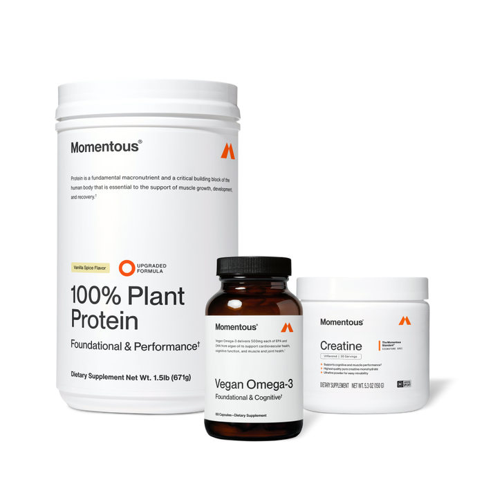 Three Momentous vegan supplement products: white container of plant protein powder, brown bottle of omega-3 capsules, and white creatine jar.