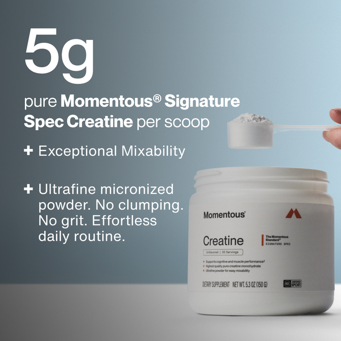 White container of Momentous Creatine powder with a measuring scoop held above, displaying the product label and specifications.