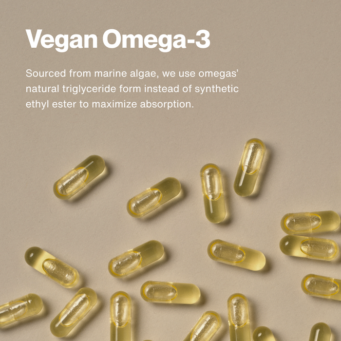 Golden vegan omega-3 capsules scattered on beige background with product description text.