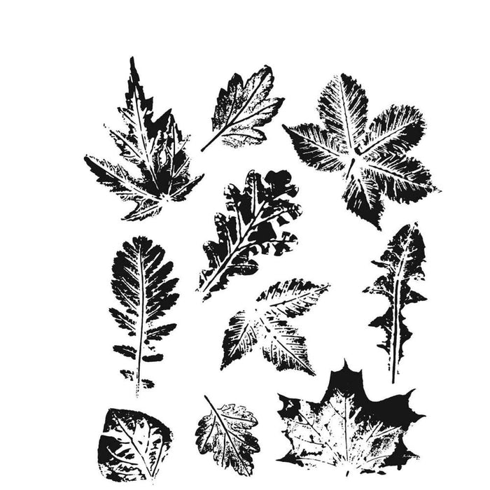 Tim Holtz - Cling Stamps 7"X8.5" - Leaf Prints 2. These red rubber stamps come mounted on cling foam so you can use them with any acrylic block (sold separately). Available at Embellish Away located in Bowmanville Ontario Canada.