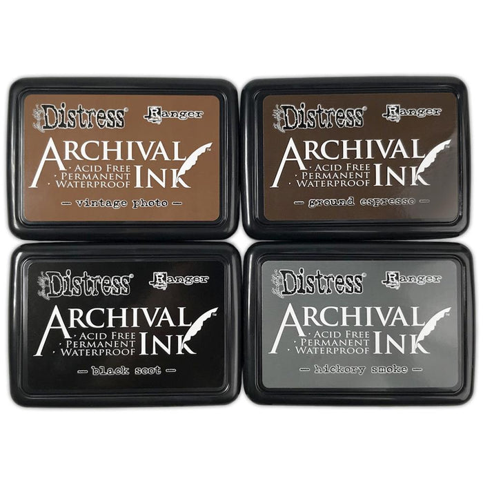 Ranger - Tim Holtz - Distress Archival Ink Pad Stack - Basics. Archival Inks are waterproof, acid-free dye inks featuring classic Distress colors in the same fade resistant formula used in Ranger Archival Ink. Archival Ink Pad Stack features four 2 x 3 inch standard ink pads including Vintage Photo, Ground Espresso, Hickory Smoke, and Black Soot. Available at Embellish Away located in Bowmanville Ontario Canada.