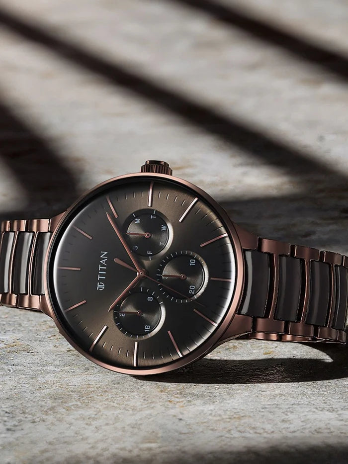 Titan Round Grey Dial Analog Watch With Multifunction Display & Metal Strap - NT90148KD05