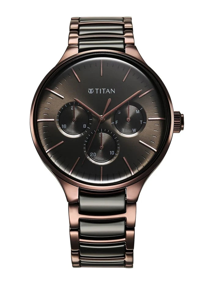 Titan Round Grey Dial Analog Watch With Multifunction Display & Metal Strap - NT90148KD05