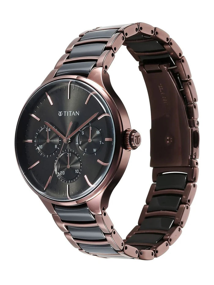 Titan Round Grey Dial Analog Watch With Multifunction Display & Metal Strap - NT90148KD05