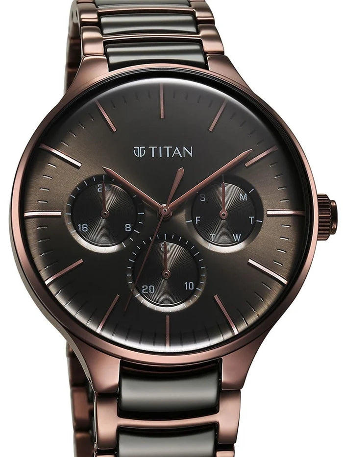 Titan Round Grey Dial Analog Watch With Multifunction Display & Metal Strap - NT90148KD05