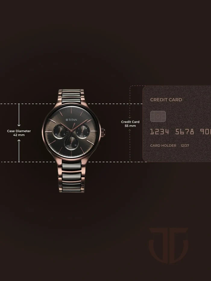 Titan Round Grey Dial Analog Watch With Multifunction Display & Metal Strap - NT90148KD05