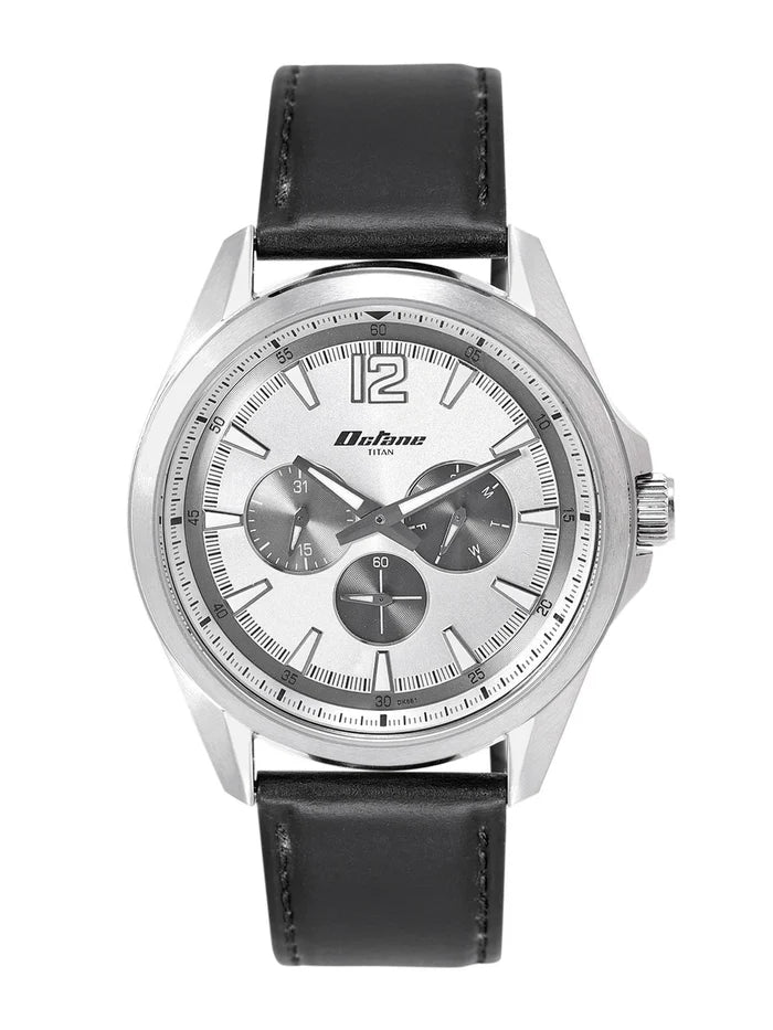 Titan Round Silver-Toned Dial Analog Watch With Day-Date Display & Leather Strap - NP90124SL01