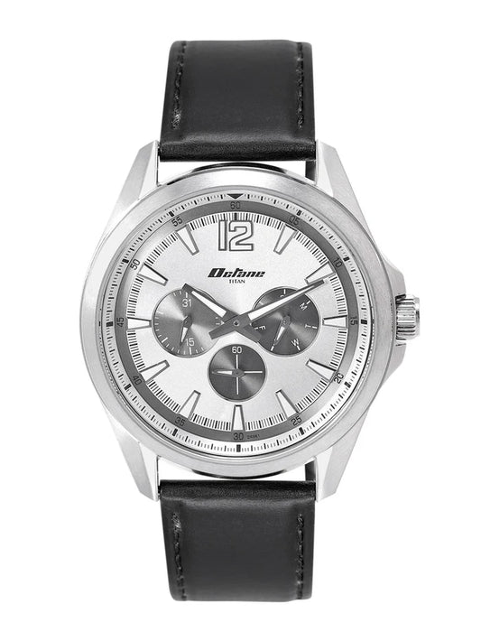 Titan Round Silver-Toned Dial Analog Watch With Day-Date Display & Leather Strap - NP90124SL01