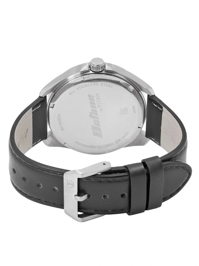 Titan Round Silver-Toned Dial Analog Watch With Day-Date Display & Leather Strap - NP90124SL01