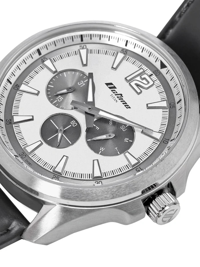 Titan Round Silver-Toned Dial Analog Watch With Day-Date Display & Leather Strap - NP90124SL01
