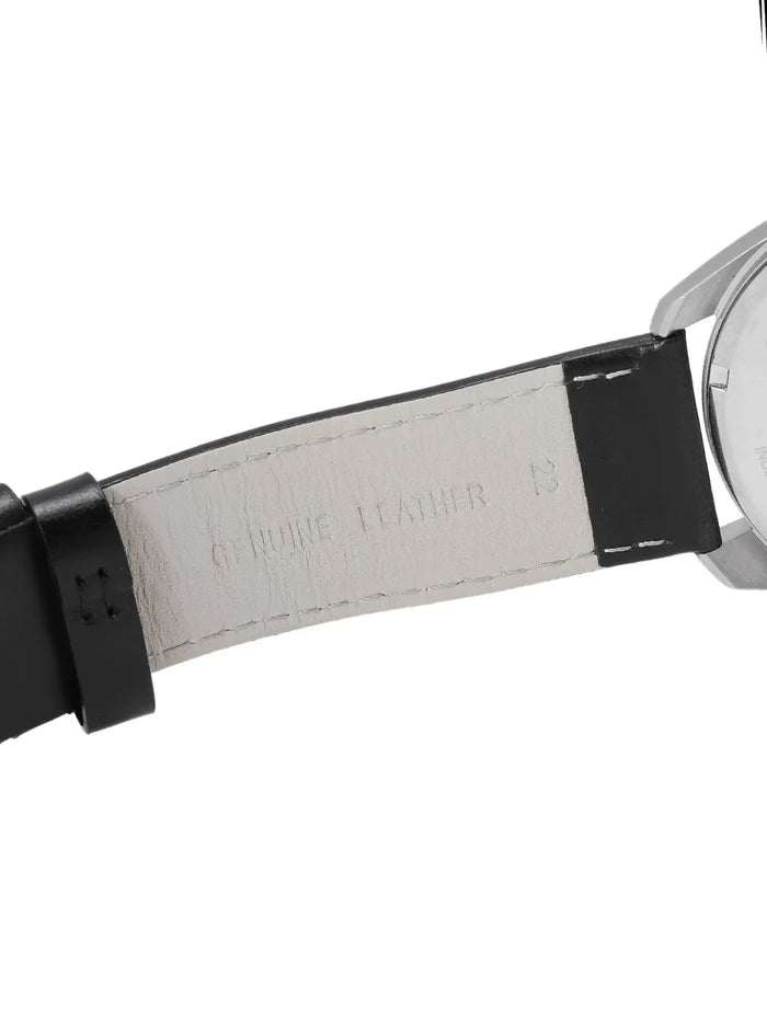 Titan Round Silver-Toned Dial Analog Watch With Day-Date Display & Leather Strap - NP90124SL01