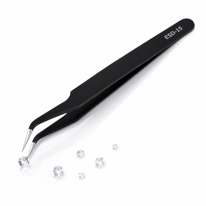 LaserGlow black precision tooth gem tweezer with angled tip picking up clear tooth gems for professional tooth gem application