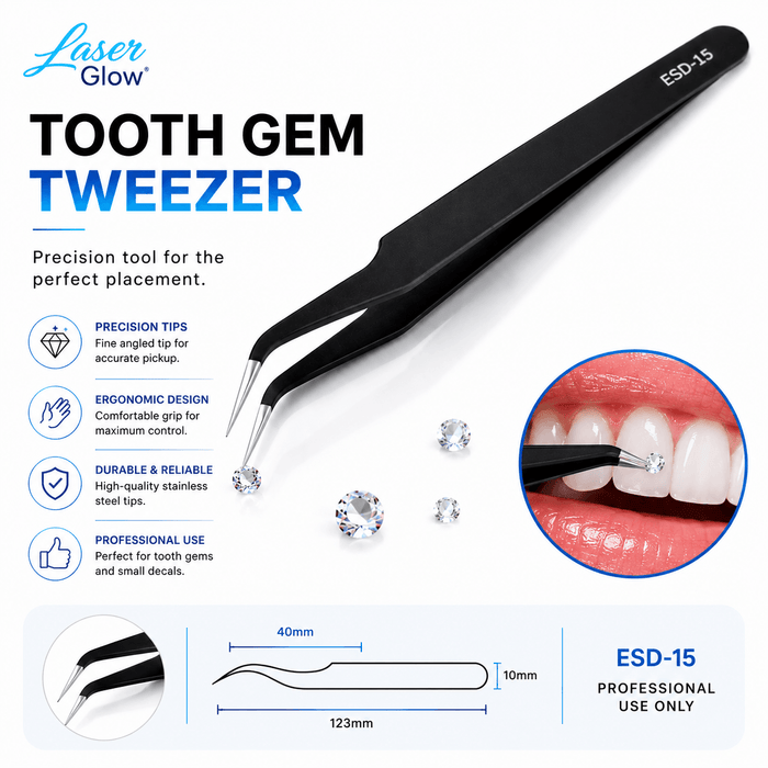 LaserGlow tooth gem tweezer infographic showing angled precision tips, ergonomic grip, stainless steel tips, and tooth gem placement use
