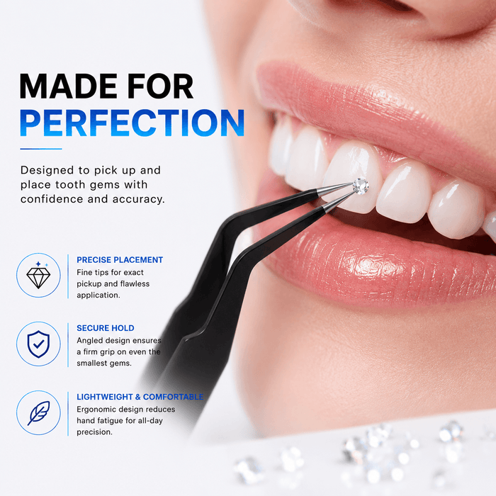 LaserGlow tooth gem tweezer placing a clear crystal tooth gem with precision for professional tooth gem application
