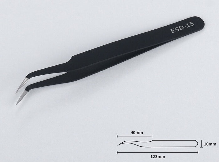 ESD-17 curved fine-tip tooth gem tweezers used to pick up and place tooth gems with precision.
