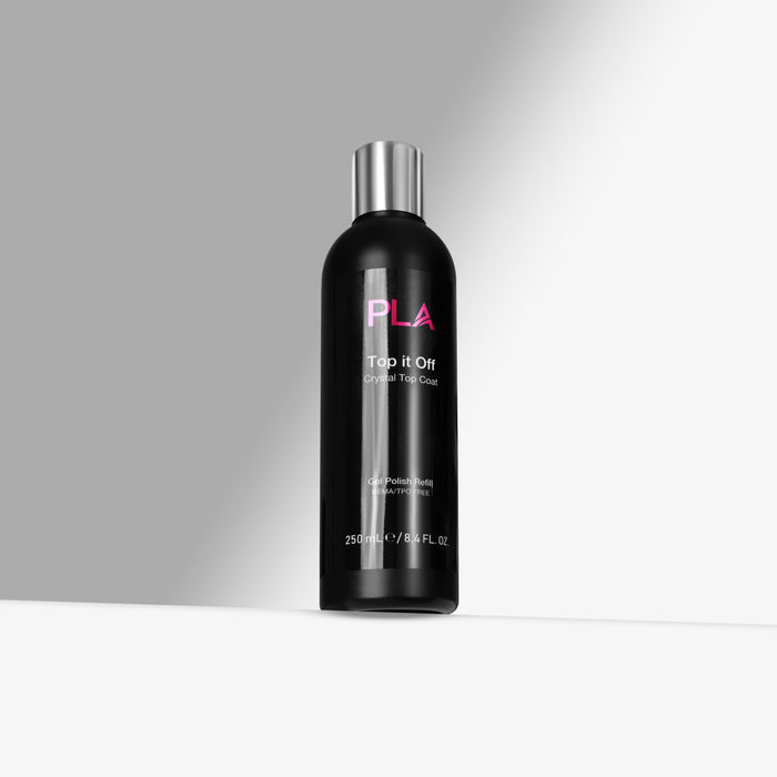 Top it Off Top Coat Black bottle with silver cap labeled 'PLA' on a gray background