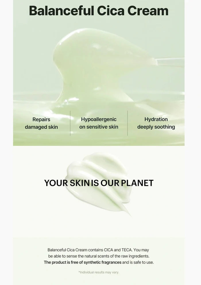 Balanceful Cica Cream packaging with text highlighting benefits on a light green background